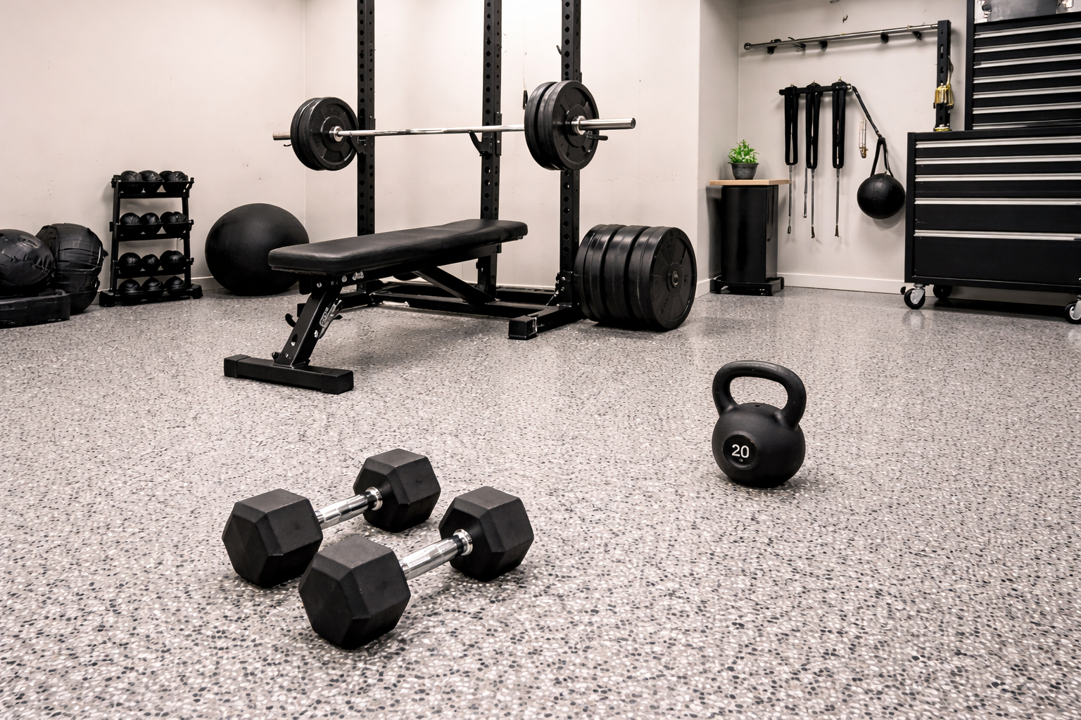 Epoxy resin flake floor for a home gym